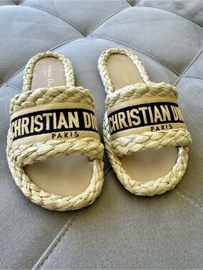 Christian Dior Raffia Dway Slide Sandals in Natural & Black